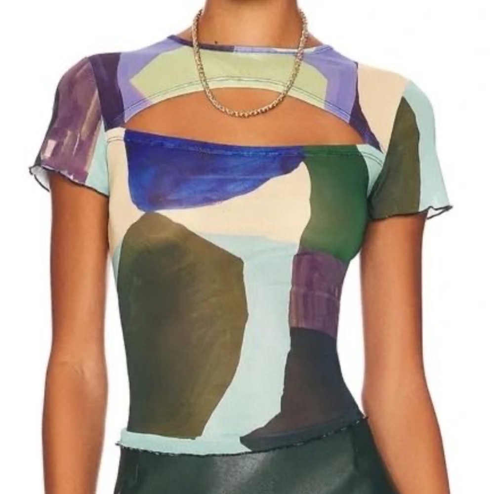 Miaou x Paloma Elsesser Lace Back Cutout Tee in Abstraction